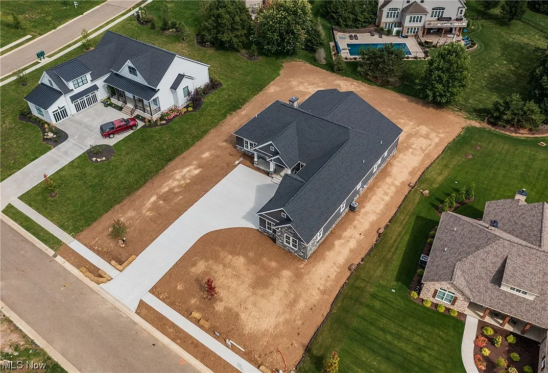 Aerial view of the contemporary ranch.